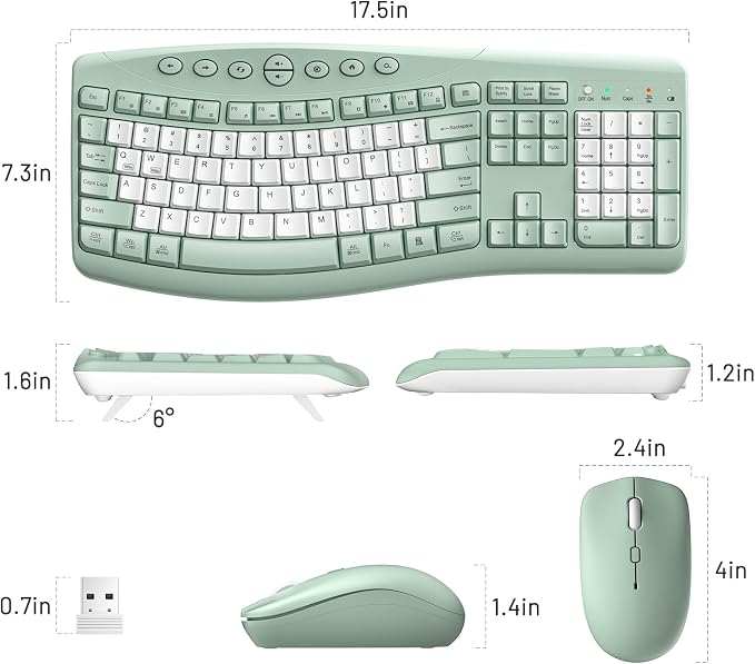 Wireless Keyboard and Mouse Combo,2.4G Full Size Ergonomic Curved Silent Keyboard with Fn Multimedia Keys for Office and Home, 3-DPI Quiet Mouse for Windows,Mac OS Desktop/Laptop/PC (Avocado Green-B)