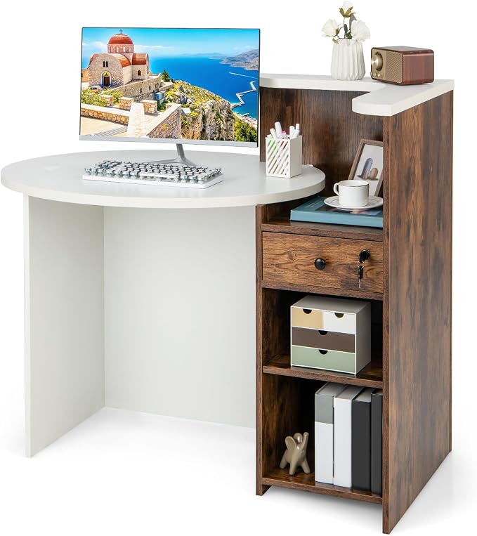 Tangkula Reception Desk, Front Counter Desk with Lockable Drawer & Adjustable Shelf, Oval Desktop, Retail Counter for Checkout, Computer Workstation for Salon Lobby Home Office