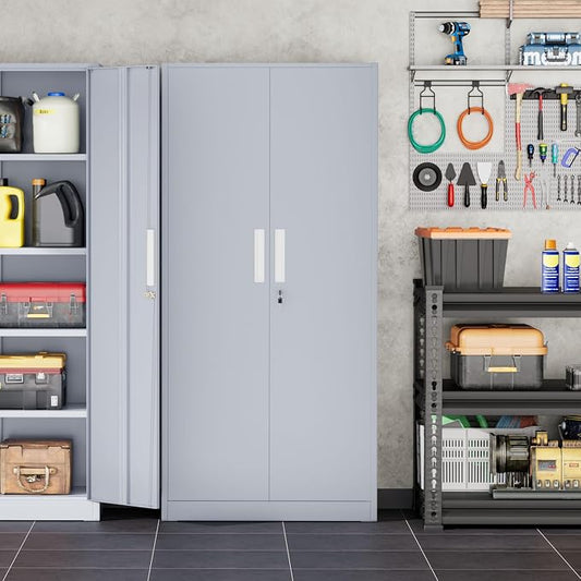 INTERGREAT Garage Storage Cabinet with Lock, 72" Metal Storage Cabinet with Locking Doors and 4 Adjustable Shelves, Lockable Tool Steel Cabinet for Home Office, School, Cement Grey