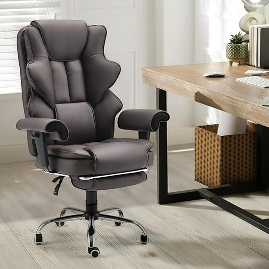 HOMREST 6-Point Massage Executive Chair,Heat Office Chair,Ergonomic Home Office Desk Chairs with Retractable Footrest and Reclining Function,Leather Computer Chair with Adjustable Armrest(Brown)