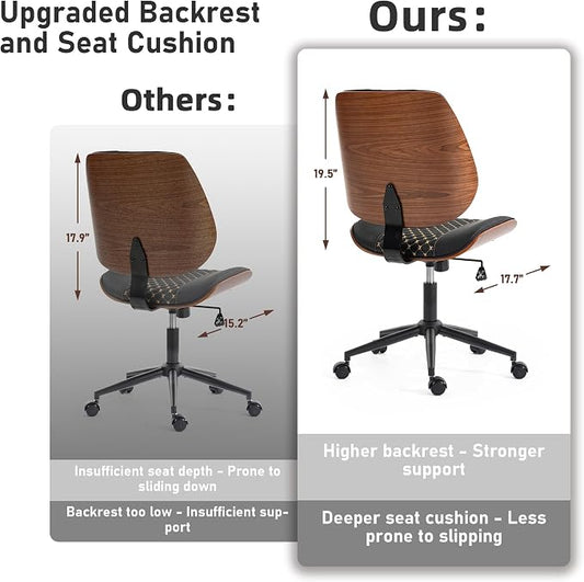 Modern Walnut Home Office Chair with Wheels, Executive Office Desk Chair No Arms, Adjustable Height Small Desk Chair, Comfy PU, Deeper Cushion, Mid Back 360 Swivel Computer Chair, Black-Embroidery