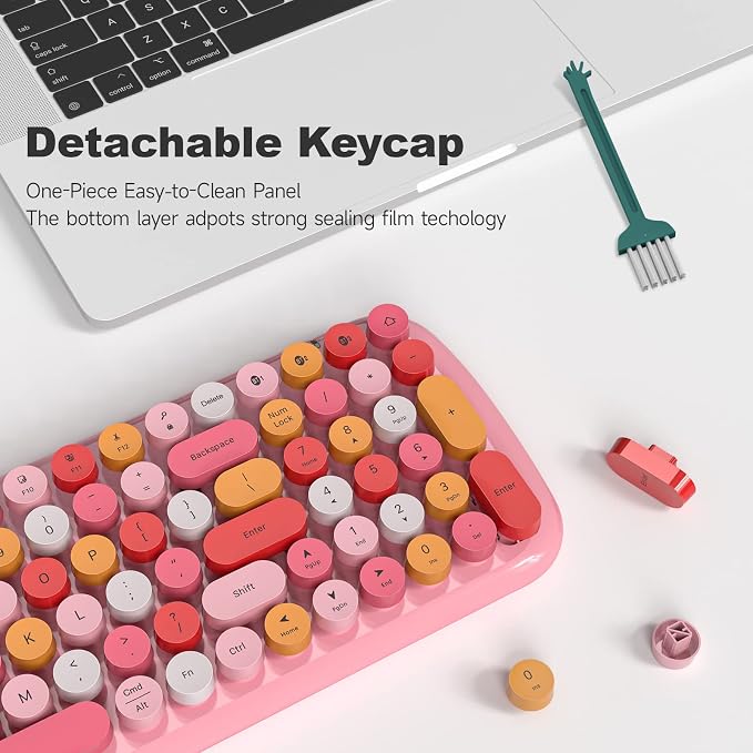 MOFII Wireless Bluetooth Keyboard for Laptop & Android, Connect up to 3 Devices Simultaneously, Portable 100-Key Typewriter Retro Round Keycaps Keyboard - Light Pink