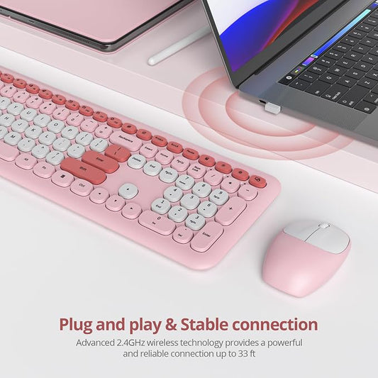 surmen Cute Wireless Keyboard and Mouse Combo, Pink Wireless Keyboard with Silent Mouse, Full Size Slim Low-Noise Soft Touch Round Keys for Home and Office,(6-Pink)