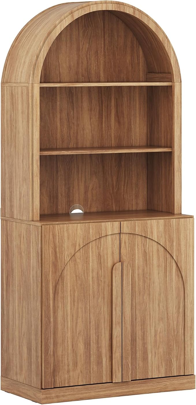 BELLEZE 71" Tall Storage Cabinet with Arched Hutch, Wooden Sideboard Buffet Cabinet with Adjustable Shelves for Pantry Organizing, 5-Tier Modern Storage Unit for Living Room Home Office, Camel