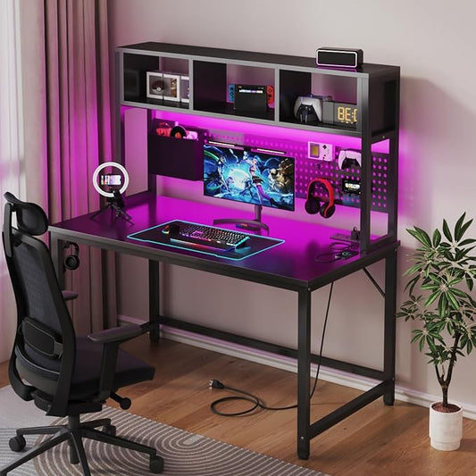 DLisiting Black Gaming Desk with Hutch and Pegboard - 47 Inch Gaming Desk with Shelves Storage Power Outlets, Computer Teen Work Study Writing Desks for Bedroom Home Office