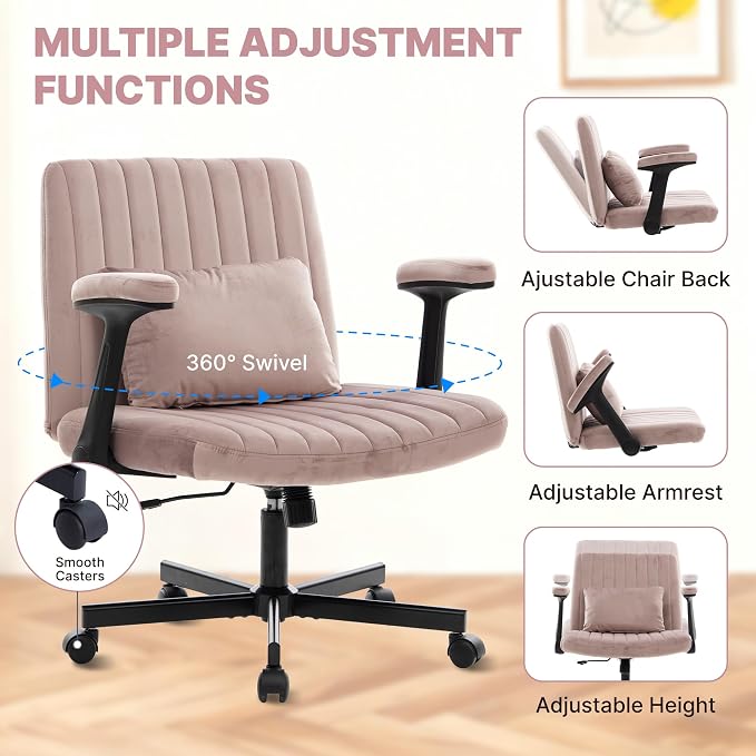 Ergonomic Cross Legged Chair with Wheels, 360 Swivel Meditation Chair, ADHD Chair, Criss Cross Desk Chair with Lumbar Support and Adjustable Stool, Wide Seat Cushion, Light Pink