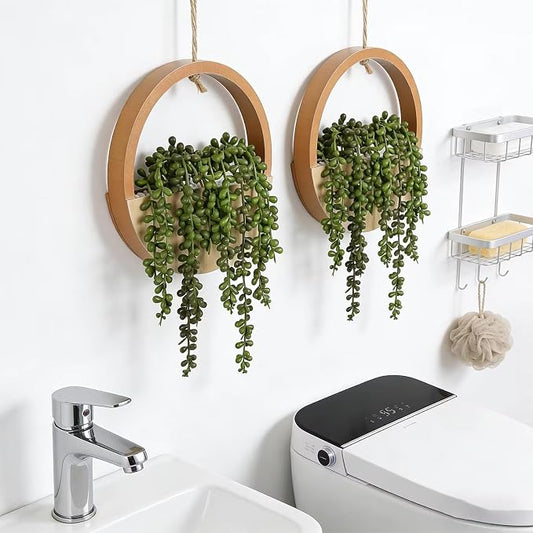 2 Pack Fake Plants Artificial Wall Hanging Plants, Boho Hanging Planter Fake Succulents Artificial String of Pearls in Wooden Pots with Lanyard for Home Office Wall Decoration