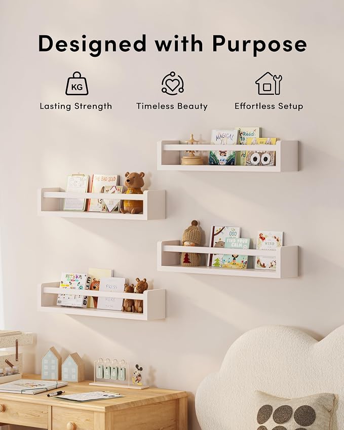 Onlysky Set of 4 Wall-Mounted Kid's Bookshelf - White Floating Nursery Book Shelves - Durable Wood Construction - Ideal for Nursery Decor, Kids Room, Toy Storage