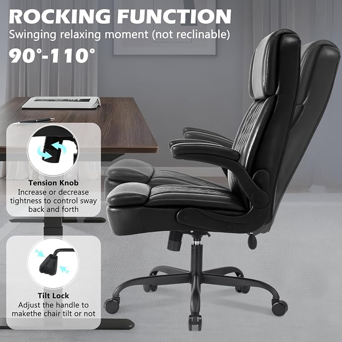 450lbs Executive Office Chair for Heavy People, Ergonomic Big and Tall Desk Chair with Adjustable Lumbar Support&Flip Up Armrest,High Back PU Leather Comfy Swivel Computer Chair