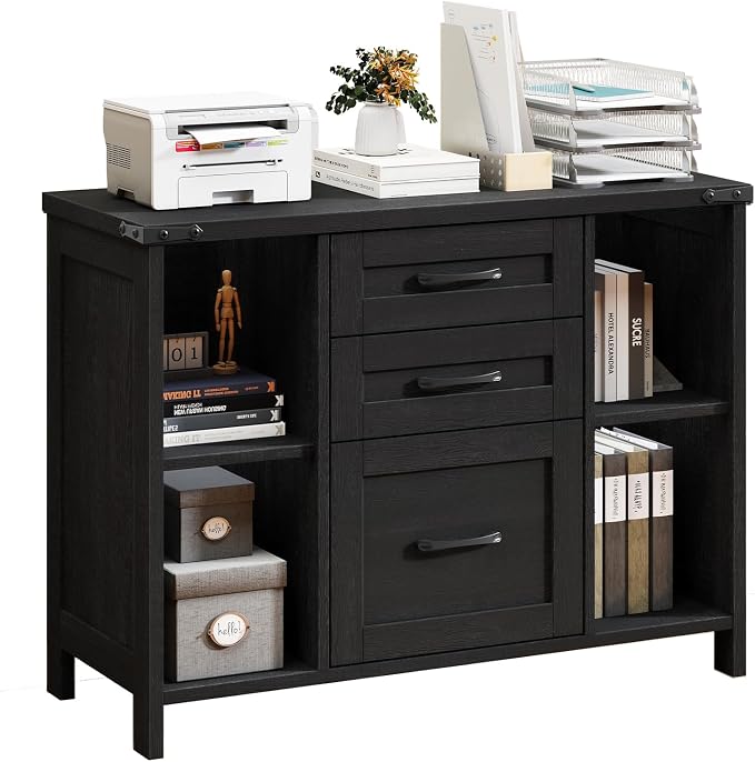 Halitaa 3 Drawer File Cabinet, Farmhouse Lateral Filing Cabinet Fits Files Letter or A4 Size, Wooden Printer Stand with Open Storage Adjustable Shelf for Home Office, Black