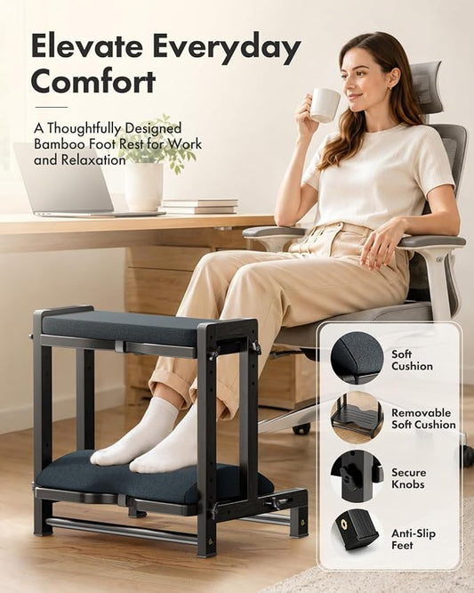 Amazer Double Step Foot Rest for Under Desk, 4 Adjustable Heights Bamboo Under Desk footrest with Soft Cushion, Dual-Layer Desk Foot Stool for Office Home Gaming, Natural Wood Foot Rests for Work