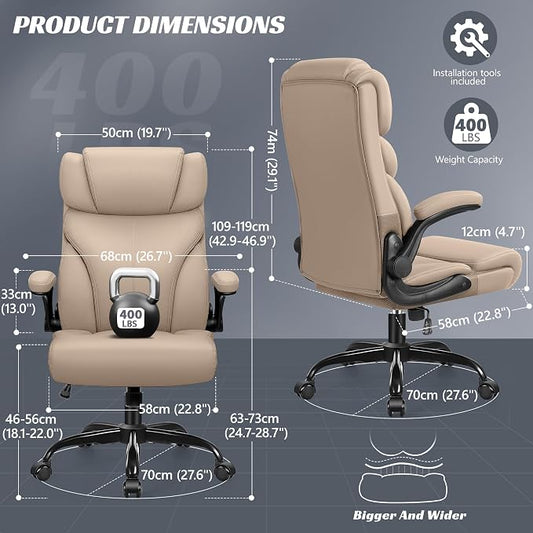 HeroSet Office Chair, Ergonomic Big and Tall Computer Desk Chairs, Executive Breathable Leather Chair with Adjustable Flip-up Armrests, Lumbar Support Swivel PC Chair with Rocking Function,Khaki