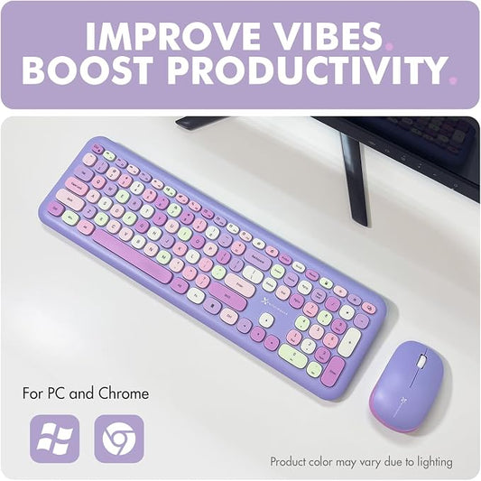 X9 Retro Wireless Keyboard and Mouse Combo - 2.4G Colorful Purple Keyboard and Mouse Wireless - Cute and Aesthetic Typewriter Combo for PC Computer Desktop and Laptop - Full Size