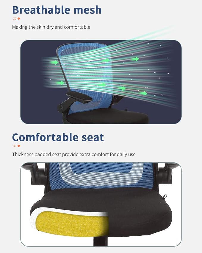 Home Office Chair Ergonomic Desk Chair Mesh Computer Chair with Lumbar Support Flip-up Arms Swivel Rolling Executive Task Chair Adjustable Chair for Adults(Blue)
