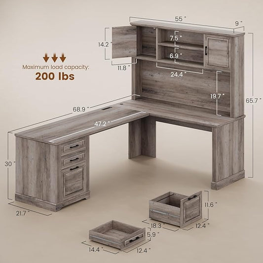 Itaar Farmhouse 68.9" L Shaped Desk with Hutch, Executive Home Office Desk with File Drawer and Power Outlet, Computer Corner Desk with Storage Cabinet, Workstation for Office Home,Grey