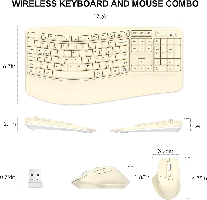 Wireless Keyboard and Mouse Combo, Ergonomic Wave Keys (Latte) | 2.4G Full Size Wave Keyboard with Wrist Rest, 3-Level DPI Adjustable Ergonomic Mouse for Windows and Mac OS Desktop/Laptop/PC
