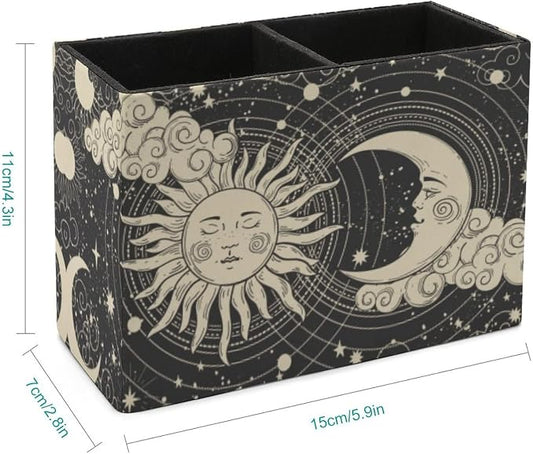 Niapessel Pencil Holder for Desk, Abstruse Astrology Sun Moon Pen Holder Storage Desktop Pen Organizer Desk Pencil Organizer Makeup Brush Holder for Office School College Leather