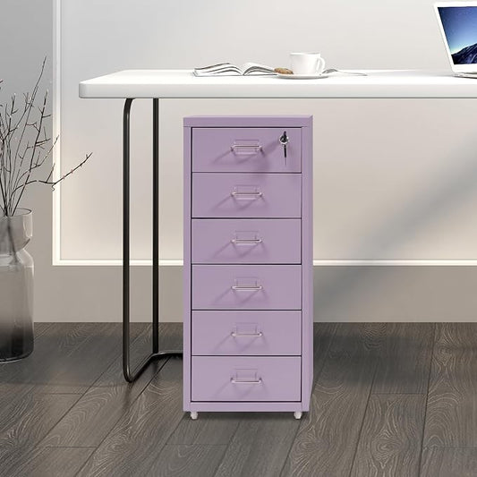 Vertical File Cabinet, 6 Drawers Rolling File Organizer Cabinets with Lock, Heavy Duty Metal Storage Cabinet, Movable Under Desk Filing Cabinet for Office, Study, Dresser (Purple)