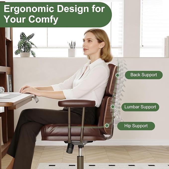 Mid-Century Modern Ergonomic Office Chair,Mid Back Faux Leather Executive Desk Chair with Walnut Bentwood,Tufted Adjustable Swivel Computer Chair for Home Office,Brown