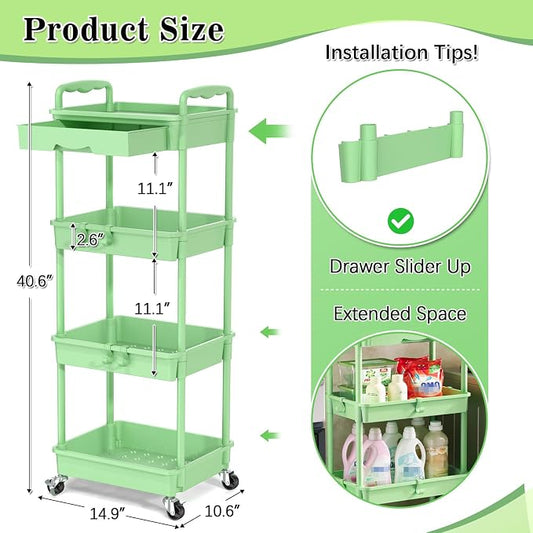 SUNALLY 4 Tier Rolling Utility Cart with Drawer, Storage Organizer Cart with 2 Lockable Wheels, Multifunctional Rolling Storage Cart for Bathroom, Kitchen, Craft, Makeup, Baby Essentials, Green