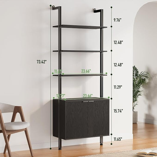 INNOD 74" Tall Bookshelf with Storage Cabinet, Modern Ladder Shelf with Wood and Metal Frame, Wall Mount Bookcase Open Display Shelf Furniture for Living Room, Bedroom, Home Office,Black