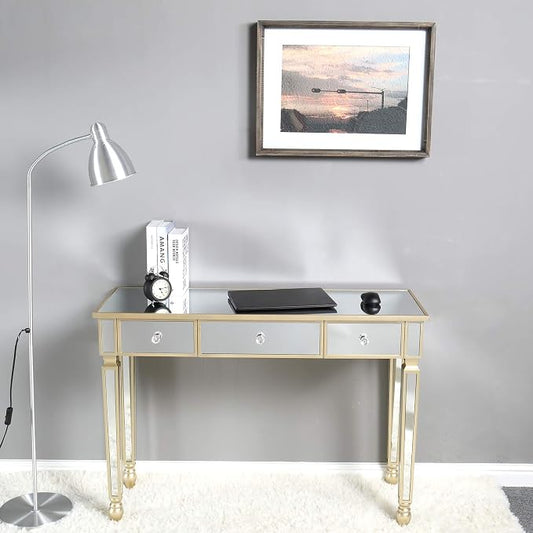 Henf Mirrored Console Table, Modern Makeup Vanity Desk Dressing Table with 3 Drawers, Contemporary Vanity Sofa Table for Entryway/Living Room/Bedroom (Champagne Gold)