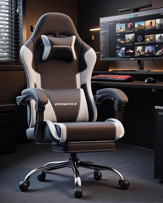 Dowinx Ergonomic Gaming Chair with Footrest & Massage Lumbar, 2D-Linkage Armrests for Computer Chair 330lbs with Headrest Pillow for Office, Home, Streaming and Long Gaming Sessions, White