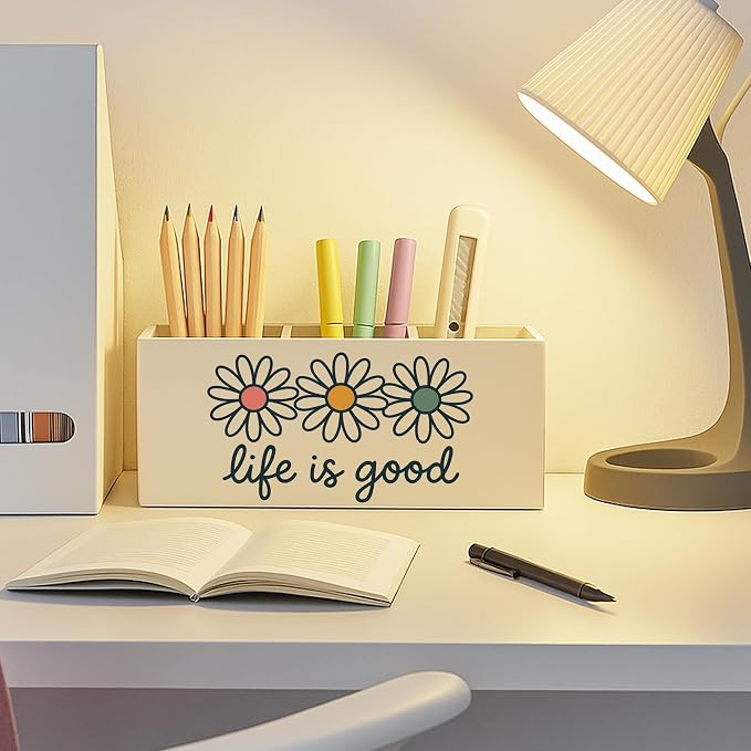 Inspirational Pen Pencil Holder for Desk, Motivational Gifts for Women, Trendy Preppy Daisy Flower Makeup Brush Toothbrush Holder for Vanity Bathroom