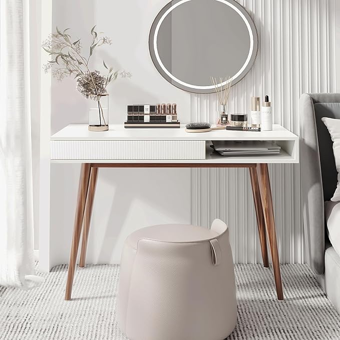 Artswish White Desk with Drawer, Mid Century Modern Writing Desk for Home Office, Small Computer Desk with Storage Shelf & Cable Management Hole, Wood Study Desk for Bedroom, Apartment, Dorm