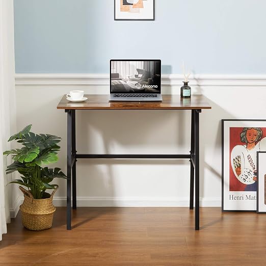 Alecono Small Computer Desk 35'' Study Writing Desk for Small Spaces Modern Simple Metal Frame Rustic Brown