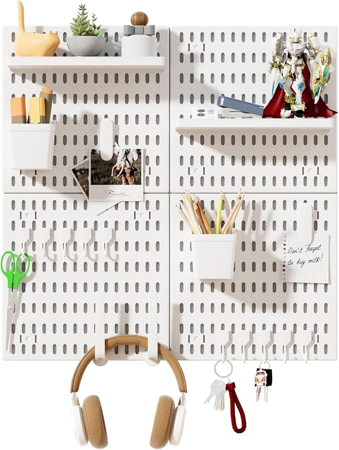 SHGJ&SOFT Peg Board Wall Organizer Panels, 22pcs - Includes 4 White Pegboards & Accessories, Plastic Pegboard for Home,Office, Craft Room, Gaming Setup, 24″×24″, Wall Mount Display Pegboard Panel Kits