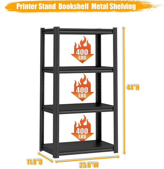 Large Printer Stand with Storage 1600LBS Bookshelf Metal Shelving Printer Shelf 4-Tier Adjustable Shelving Unit for Home, Office, Kitchen, Living room, Basement, Garage, 44"H × 23.6"W × 11.8"D, Black