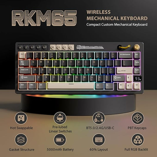 RK ROYAL KLUDGE M65 Wireless Gaming Keyboard with Volume Knob, 60% Hot Swappable Mechanical Keyboard 2.4G/BT/USB-C, Gasket Mount, Battery Display, PBT Keycaps, Hot-Swappable Cream Switch, Black