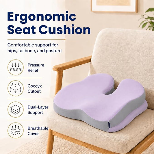 Seat Cushions for Office Chairs Wheelchair Cushion for Long Sitting Back Pain,Memory Foam Seat Car Computer Desk Chair Cushion,Coccyx Cushion for Tailbone Pain Relief Office Chair Butt Pillow Purple