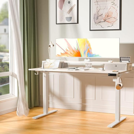 Electric Standing Desk with Two Drawers,55 x 24 Inch Sit Stand Desk Adjustable Height, Stand Up Desk with Storage Shelf, Computer Workstation for Home Office, White