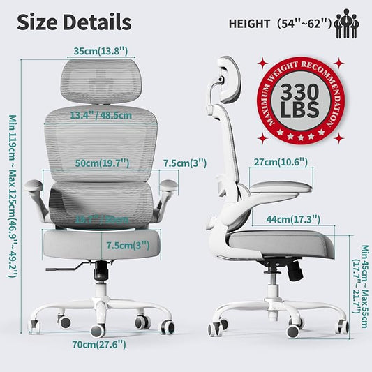 TRALT Office Chair Ergonomic Desk Chair, 330 LBS Home Mesh Office Desk Chairs with Wheels, Comfortable Gaming Chairs (Light Grey)