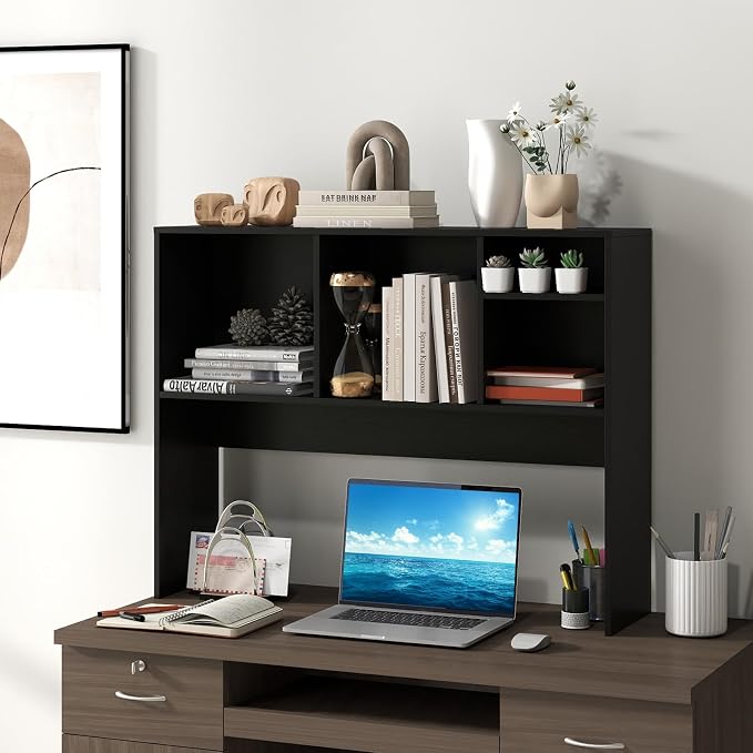 LDAILY Desktop Bookshelf, 2-Tier Office Desk Shelf Organizer Desk Hutch with 4 Shelves, 37’’L Wood Storage Rack Display Shelf for Computer Desk, Office, College Dorm, Bedroom (Black)
