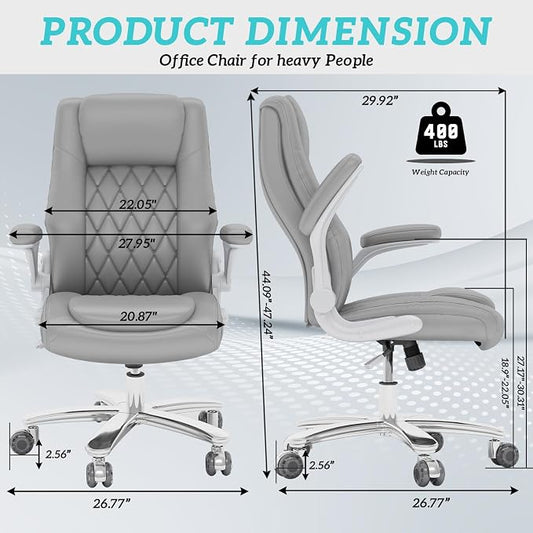 GYI High Back Executive Office Desk Chair, Leather Computer Chair, Grey | 2.6"Rubber Wheels, Flip-up Arms, Heavy Duty Base, Thick Padded Seat, Lumbar Support, Home, Conference Rooms, Reception Areas