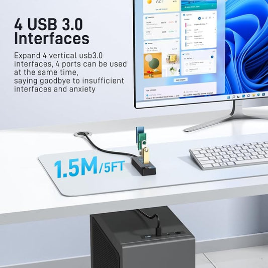 4 Port USB 3.0 Hub 5FT Long Cable, USB Extension Data Cable USB Dock Extender for Desktop PC Laptop, 5Gbps with 5V USB-C Power Supply