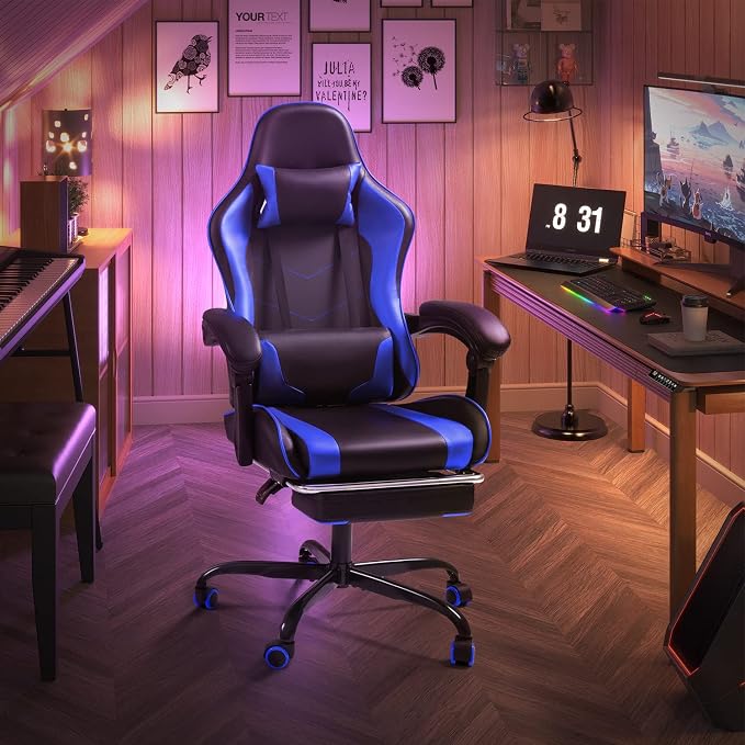 Shahoo Gaming Chair with Footrest and Massage Lumbar Support, Ergonomic Computer Chairs 360°Swivel and Height Adjustable Seat with Headrest for Office or Bedroom, Study Room, Blue
