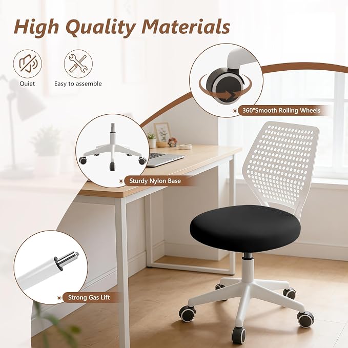 Small Office Chair with Wheels, Armless Desk Chair Height Adjustable Swivel Rolling Task Chair Breathable Mesh Ergonomic Computer Work Chair for Adult, Black and White
