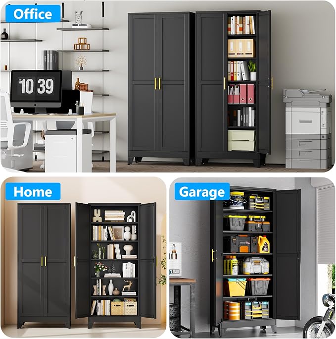 pozdeg 75" Tall Metal Storage Cabinet with 2 Doors & 5 Adjustable Shelves, Steel File Cabinet Multipurpose Organizer for Home Office Garage (Black)