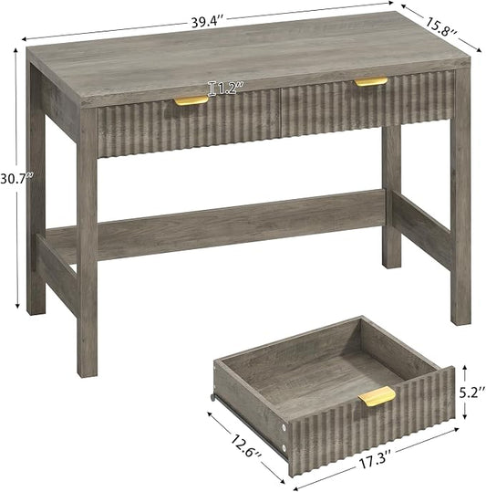 YOMILUVE Fluted Computer Desk with 2 Drawers, 39 Inch Small Computer Desk with Storage, Compact Writing Study Desk for Small Spaces, Gray