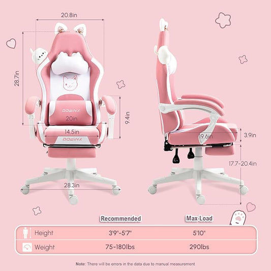 Dowinx Pink Gaming Chair with Cat Ears and Massage Lumbar Support, Ergonomic Computer Chair with Footrest and Headrest, Comfortable Reclining Game Chair 290lbs for Adults, Pink