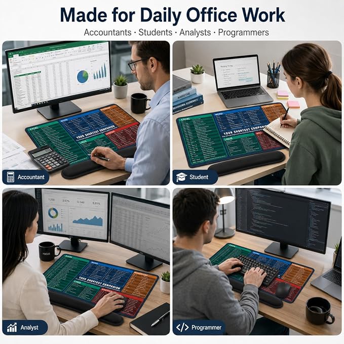 Excel Cheat Sheet Desk Pad Set, 3-Piece Office Shortcut Mouse Pad with Keyboard Wrist Rest & Mouse Wrist Rest, Excel Word PowerPoint Windows Shortcut Mat for Accountants, Students, Carbon Black