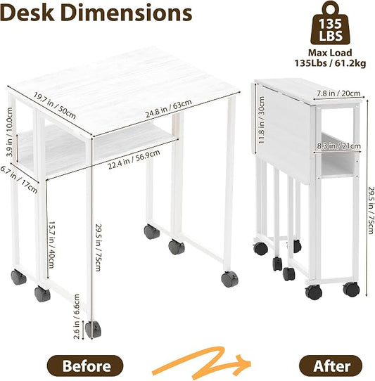 Folding Desk with Storage Shelf, 24.8 Inch Foldable Computer Table with Wheels for Small Spaces,Space Saving Sofa Table for Couch, Rolling Writing Work Office Computer Desk, Easy to Fold,White