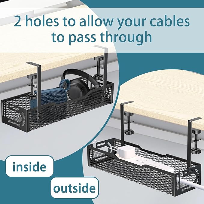Under Desk Cable Management Tray, No Drill Mesh Desk Cable Tray, Wire Management Tray Cable Management Rack, Wire Organizer and Cable Management Box (Black)
