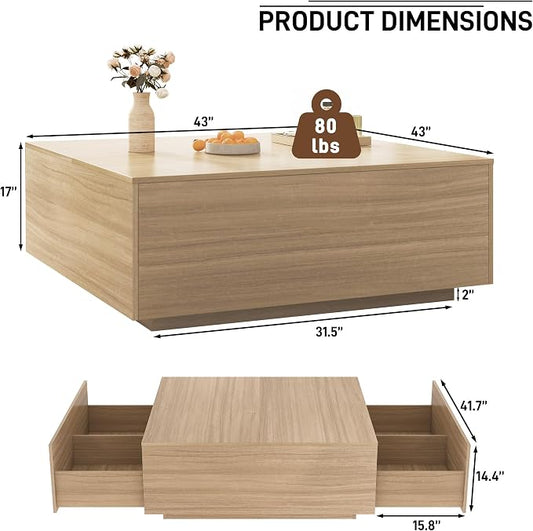 43 Inch Large Square Coffee Table with Storage,Modern Wooden Coffee Table with 2 Drawers Storage for Living Room,Mid Century Tea Table/Aesthetic Coffee Tables Center Table for Home Office(Oak)