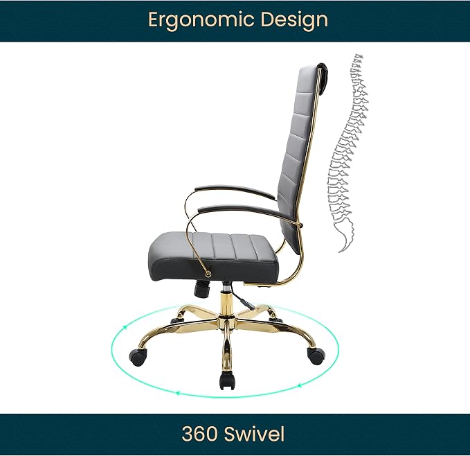 LeisureMod Modern High-Back Leather Office Chair - Swivel & Adjustable Executive Desk Chair with Gold Frame, Ergonomic Design for Home & Office (Black, Single)