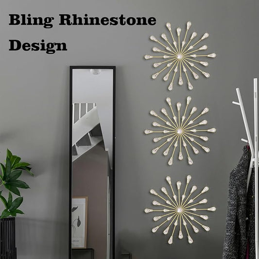 ZEXUIRU 3 Set Gold Starburst Wall Art for Home Decor Metal Bling Crystal Rhinestones Sunburst Wall Decor Sparkling Rhinestone Art Accent Gold - 18in